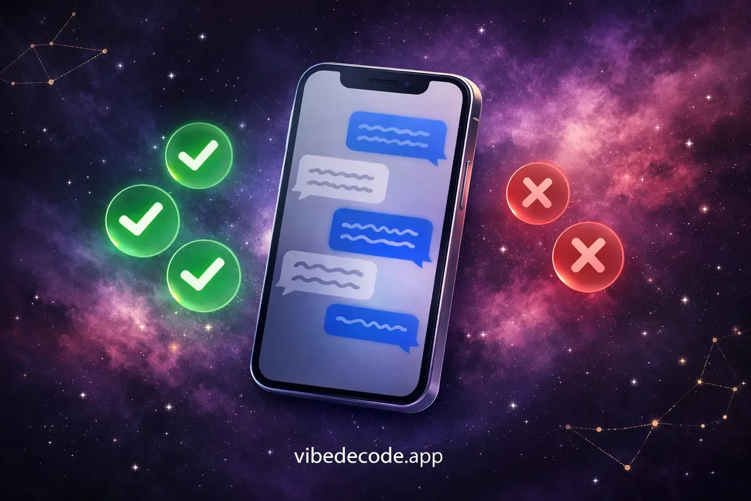 ``` Does he like me over text? A smartphone showing a text conversation where she says 'we should do that again!' and he replies 'sounds good ๐' โ surrounded by green and red interest signal indicators in a cosmic nebula background โ by Vibe Decode ```