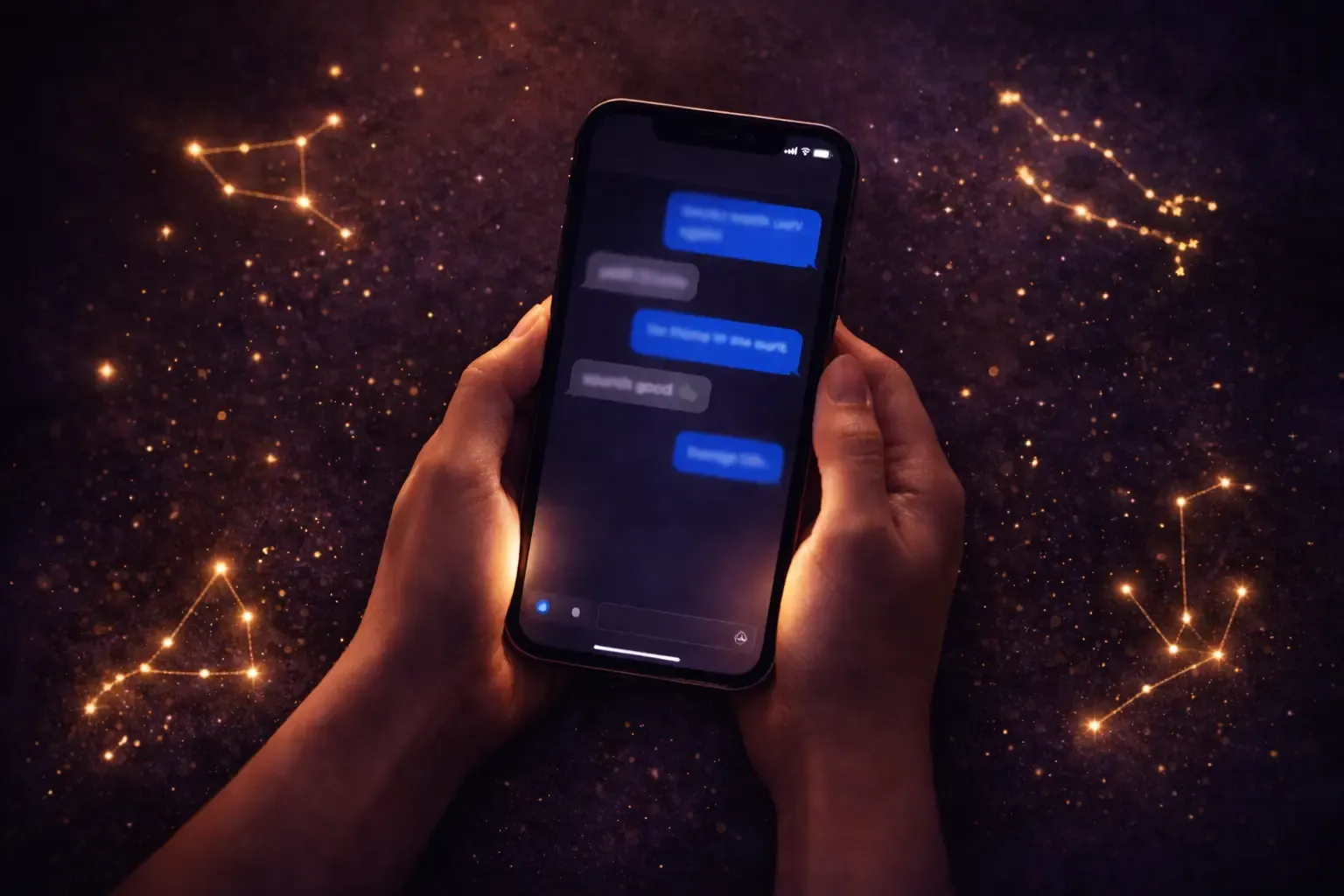 Phone displaying text conversation surrounded by golden zodiac constellation patterns on dark surface โ does he like you over text zodiac sign interest guide by Vibe Decode