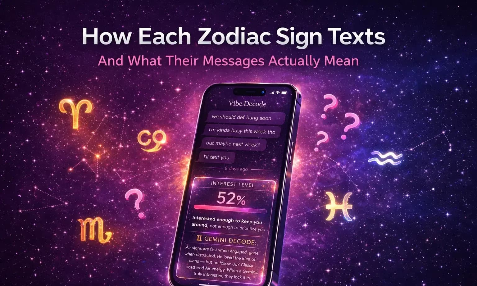 Vibe Decode app showing a Gemini text decode with 52 percent interest level score surrounded by zodiac symbols on a cosmic background โ how each zodiac sign texts and what their messages actually mean