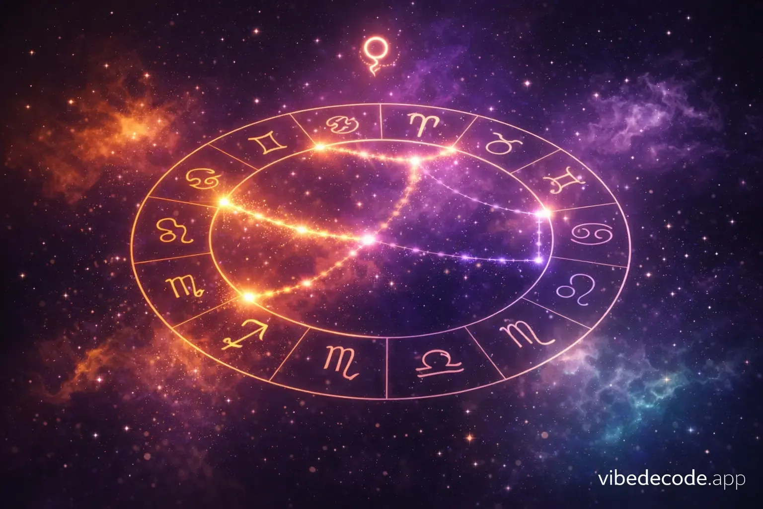 Zodiac compatibility guide showing best and worst sign matches with golden connection lines on cosmic purple background โ vibedecode.app