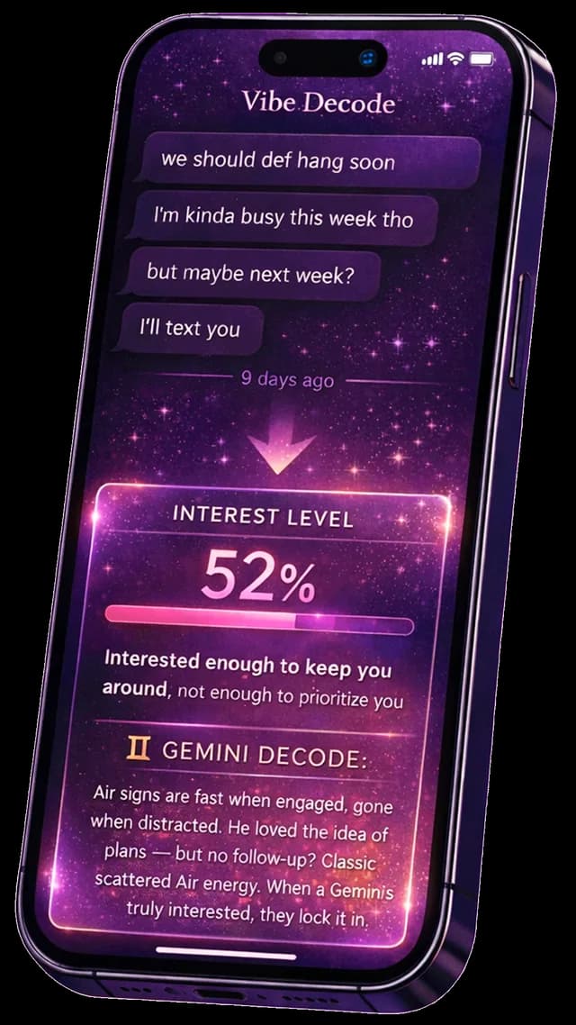 Vibe Decode App showing Interest Level score with chat analysis and astrology decode