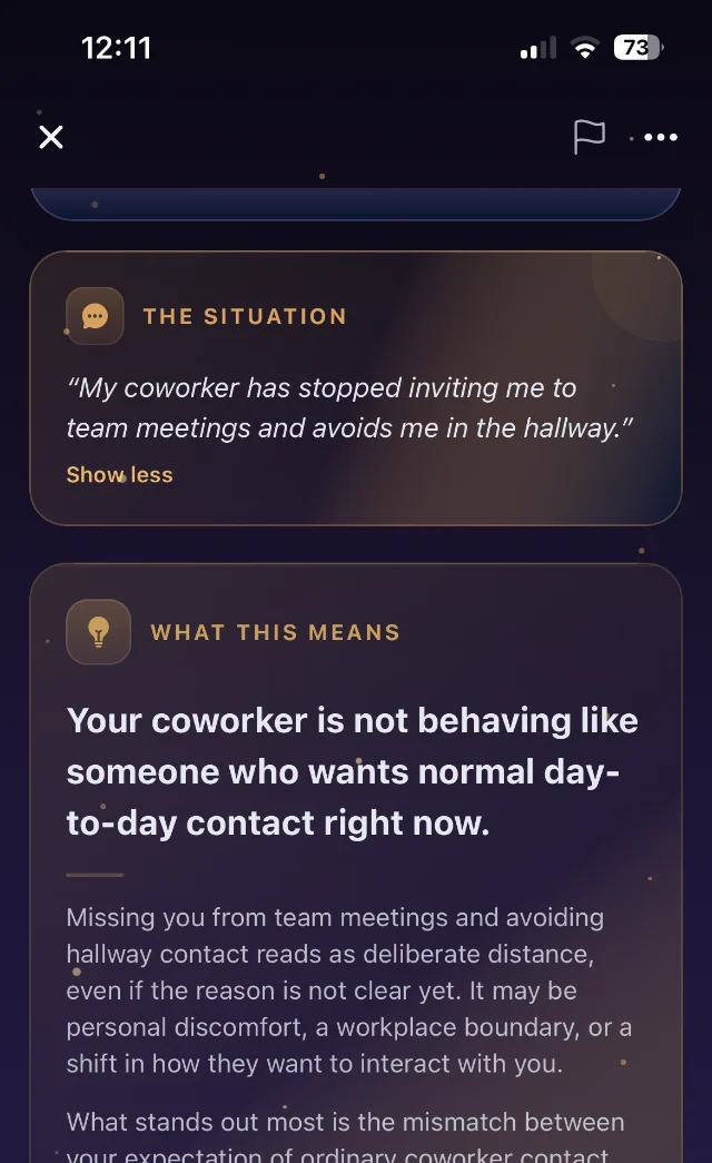 A Situation result: a coworker who stopped inviting you to meetings, explained in plain language, with no score.