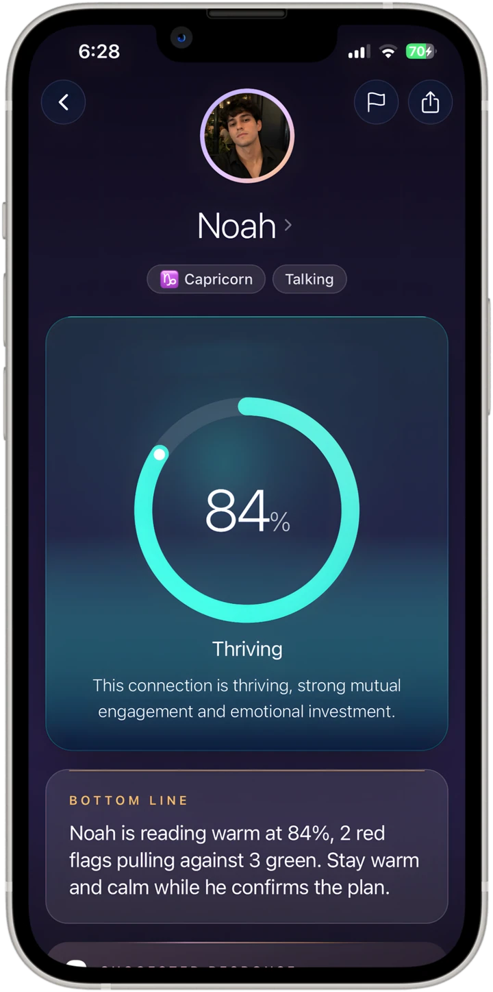 Vibe Decode app, decode result screen: Noah reading 84 percent, Thriving, with a plain-language bottom line explaining the read