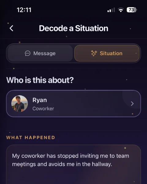 The Situation screen: Ryan, a coworker, is selected, and the description is typed under What happened.