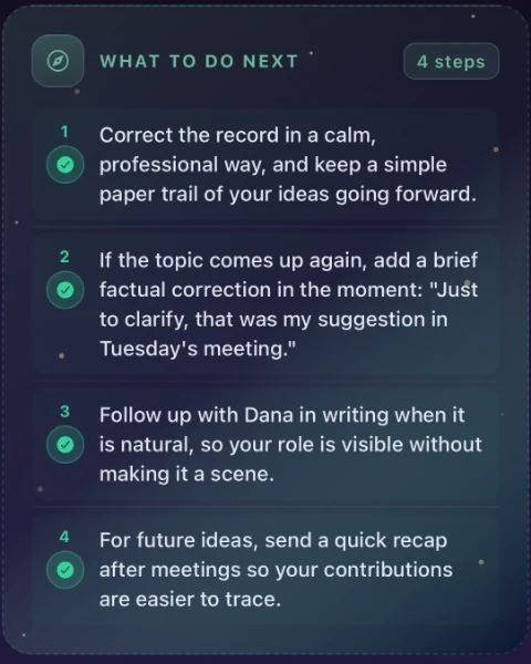 A What To Do Next card with four steps for a workplace situation, including words to say: “Just to clarify, that was my suggestion in Tuesday’s meeting.”