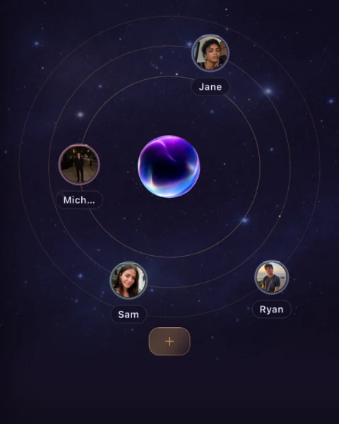 The Home screen with four saved people, Jane, Michael, Sam and Ryan, arranged in rings.